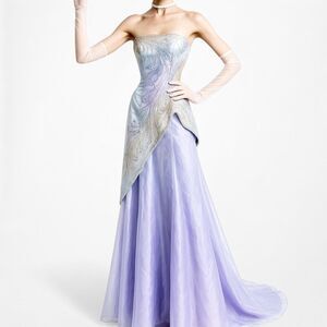 Vintage Purple Yellow Strapless Beaded Bustier Corset Maxi Prom Dress Size M